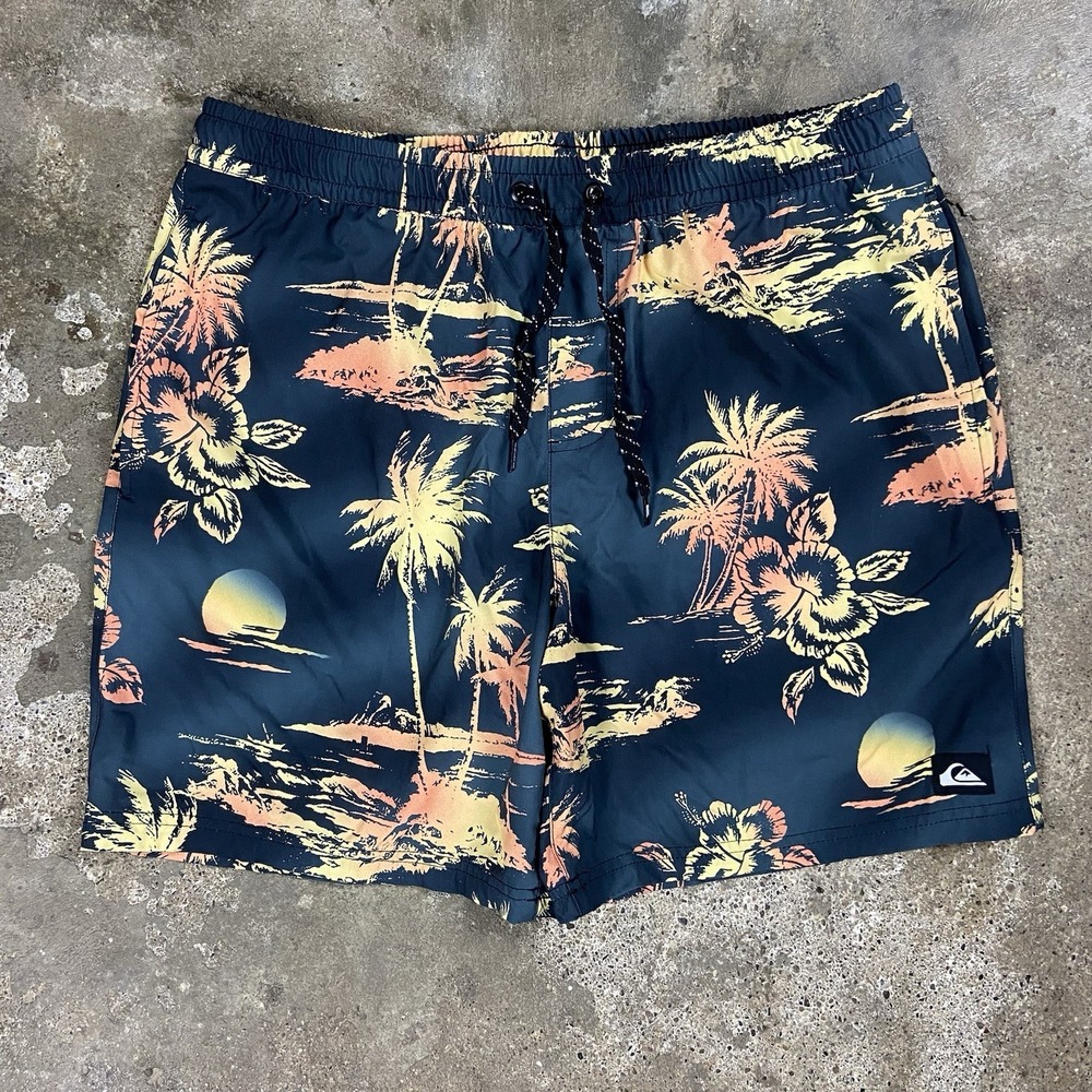 Quiksilver Swim Trunks Size Large Black Orange Palm Tree Sunset Graphic‎ Surfing